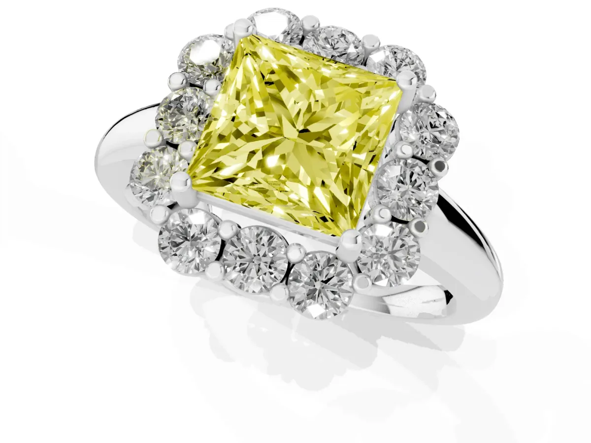 Fancy Yellow Princess Cut Halo Milgrain Solitaire with Bezel Set Side Stones and Pave Band Silver