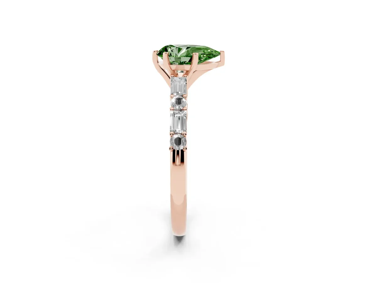 Fancy Green Pear Cut Diamond Solitaire with Side Baguettes and Channel Set Band Rose gold