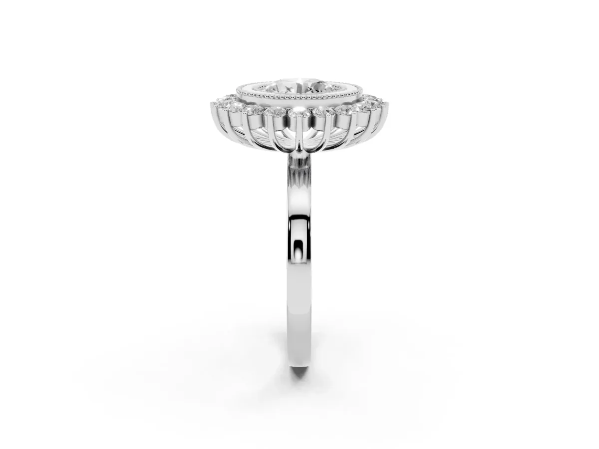 Round Cut Halo Diamond Ring with Milgrain Edge and Round Prong Setting Silver