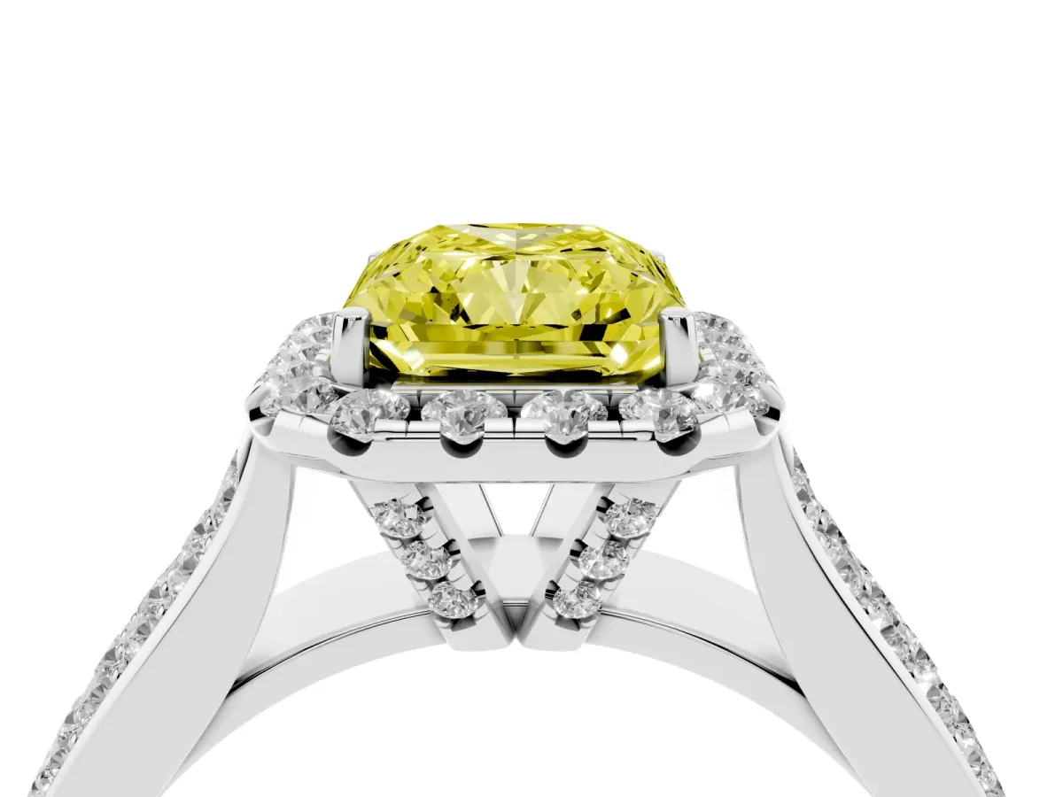 Fancy Yellow Radiant Cut Halo Round Diamond Pave Band with Prong Setting Silver
