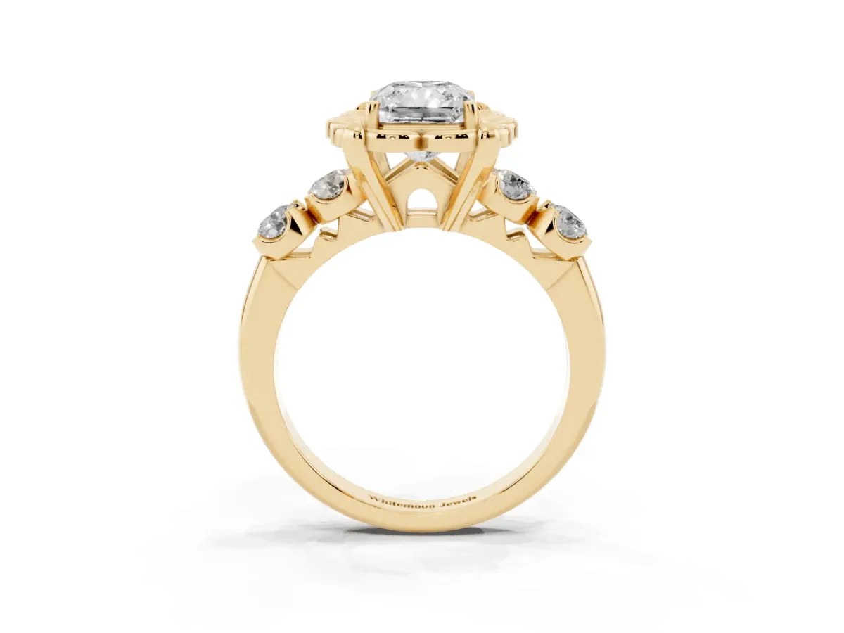 Radiant Cut Cut Diamond Floral Halo Engagement Ring with Shared Prong Setting Yellow gold