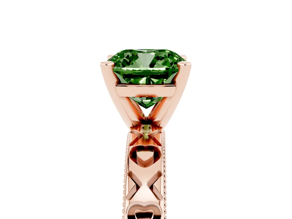 Fancy Green Cushion Cut Solitaire Diamond Engagement Ring with XO Engraved Band and Four-Prong Setting Rose gold