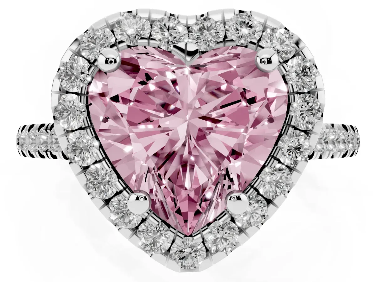 Fancy Pink Heart Cut Diamond Cushion Halo Ring with Pavé Band White gold