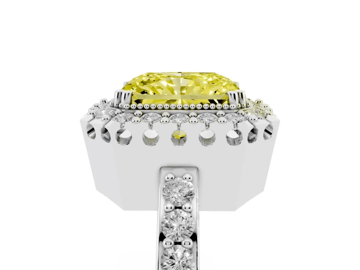 Fancy Yellow Radiant Cut Diamond Halo Ring with Pavé Band and Prong Setting White gold