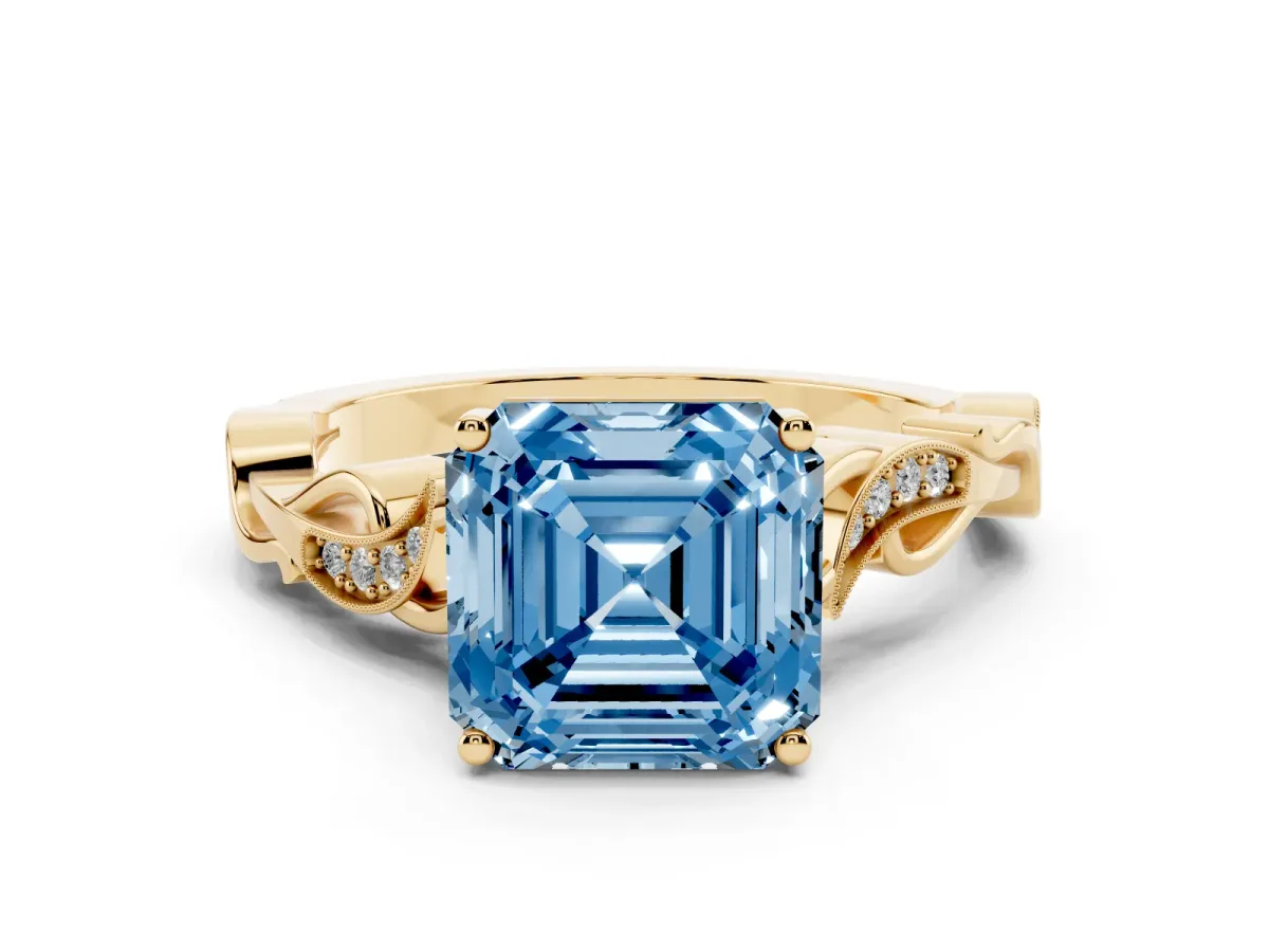 Fancy Blue Asscher Cut Solitaire Vine Band with Milgrain Prong Setting Yellow gold