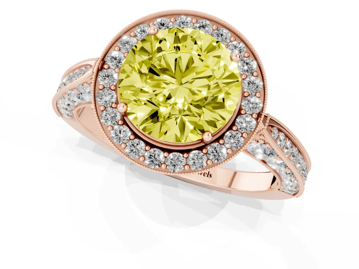 Fancy Yellow Round Cut Halo Diamond Engagement Ring with Split Shank Band and Four-Prong Setting Rose gold