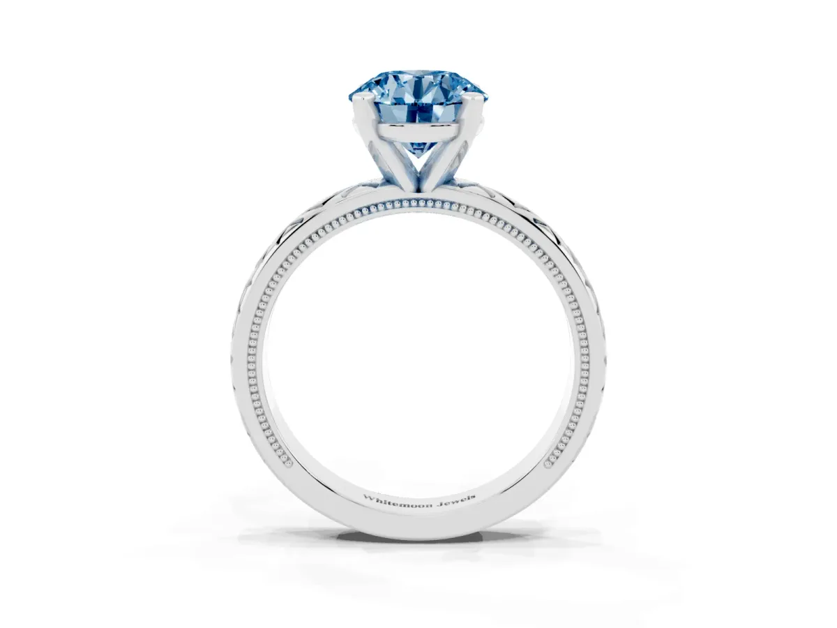 Fancy Blue Round Cut Solitaire Diamond Ring with Milgrain and Black Enamel X Pattern Band Silver