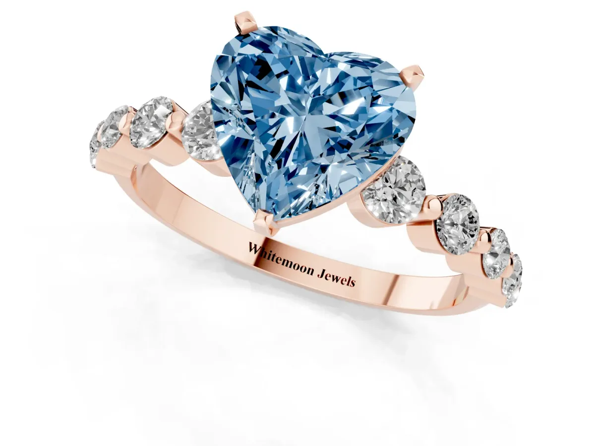 Fancy Blue Heart Cut Solitaire Diamond Ring with Pave Band and Four-Prong Setting Rose gold