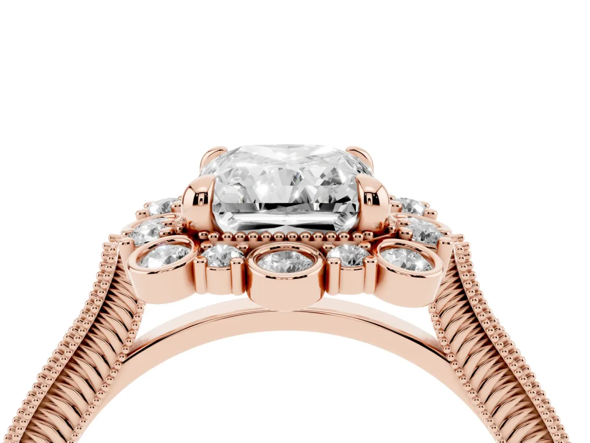 Radiant Cut Halo Milgrain Pave Diamond Ring with Four-Prong Setting Rose gold