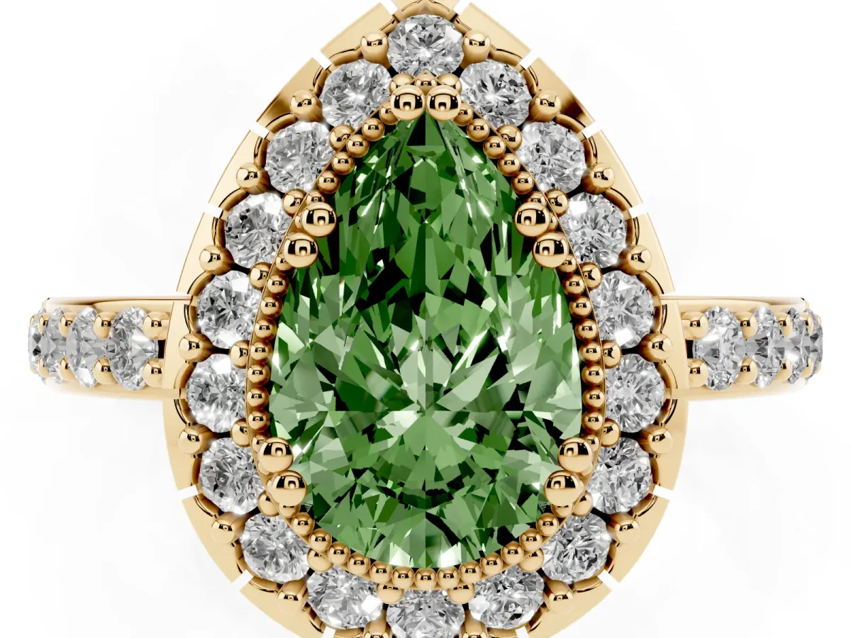 Fancy Green Pear Cut Diamond Halo Ring with Pavé Band and Prong Setting Yellow gold