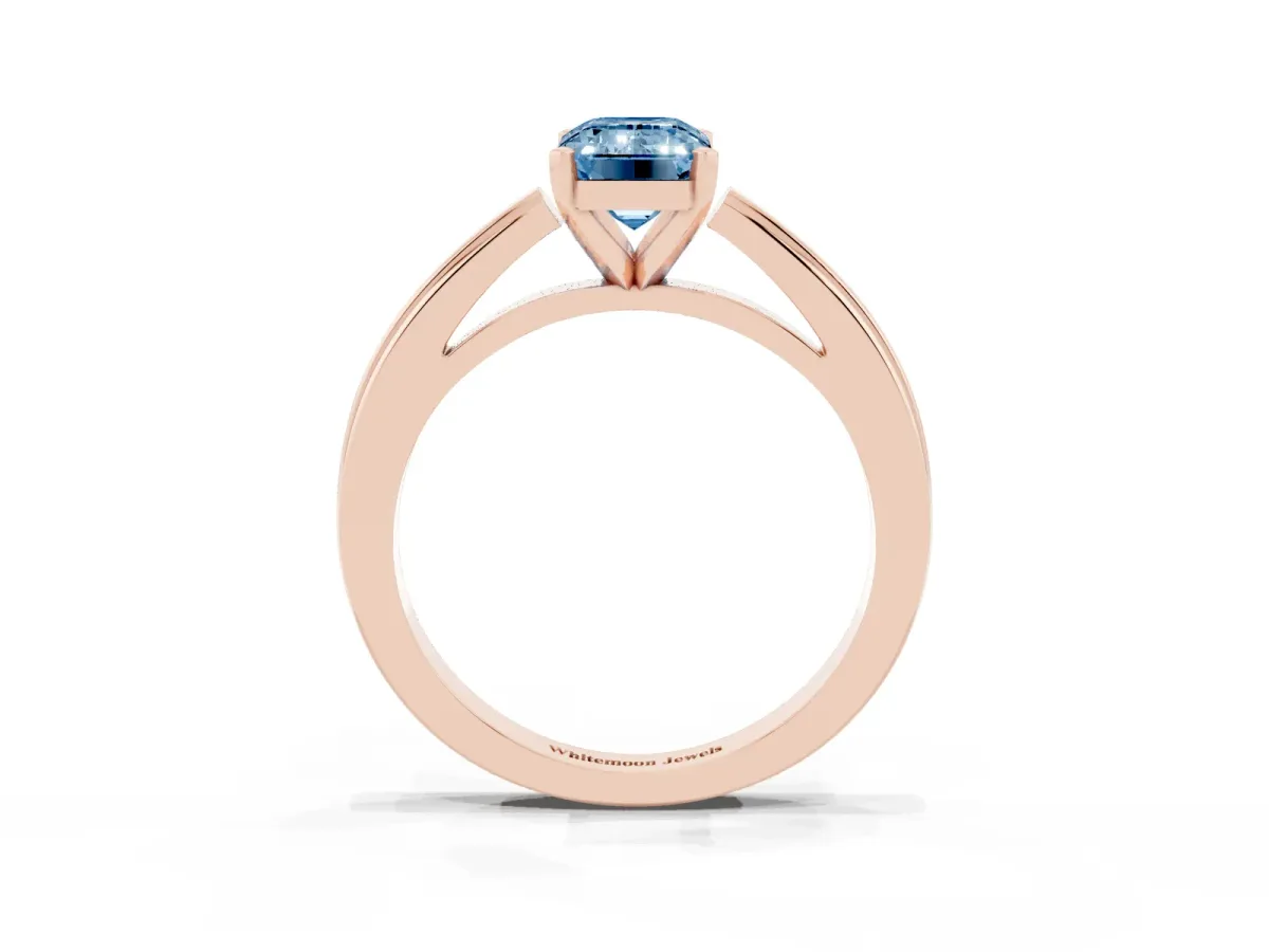 Fancy Blue Emerald Cut Solitaire Diamond Ring with Four-Prong Setting and Classic Band Rose gold