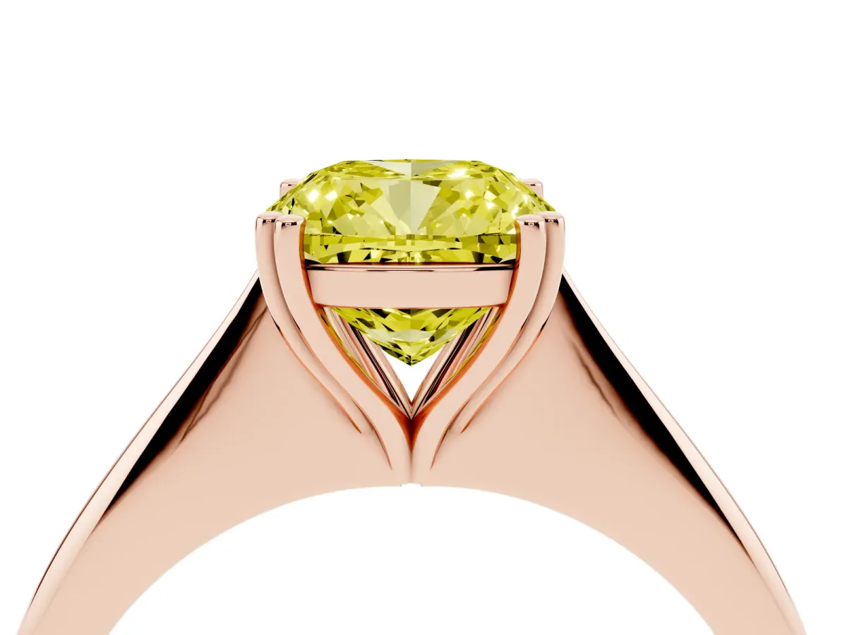 Fancy Yellow Cushion Cut Solitaire Diamond Ring with Six-Prong Setting and Classic Band Rose gold