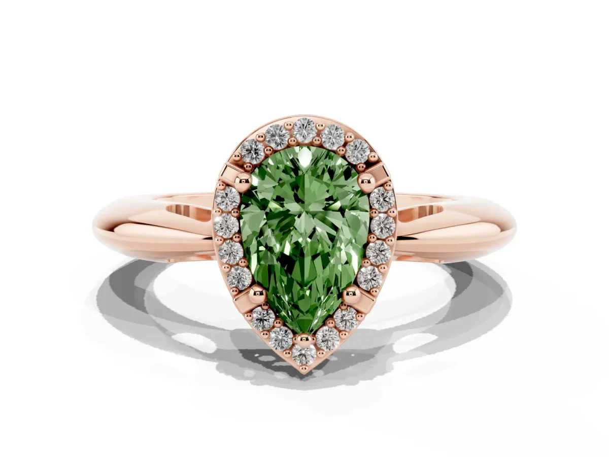Fancy Green Pear Cut Cut Diamond Halo Engagement Ring with Split Shank and Four-Prong Setting Rose gold