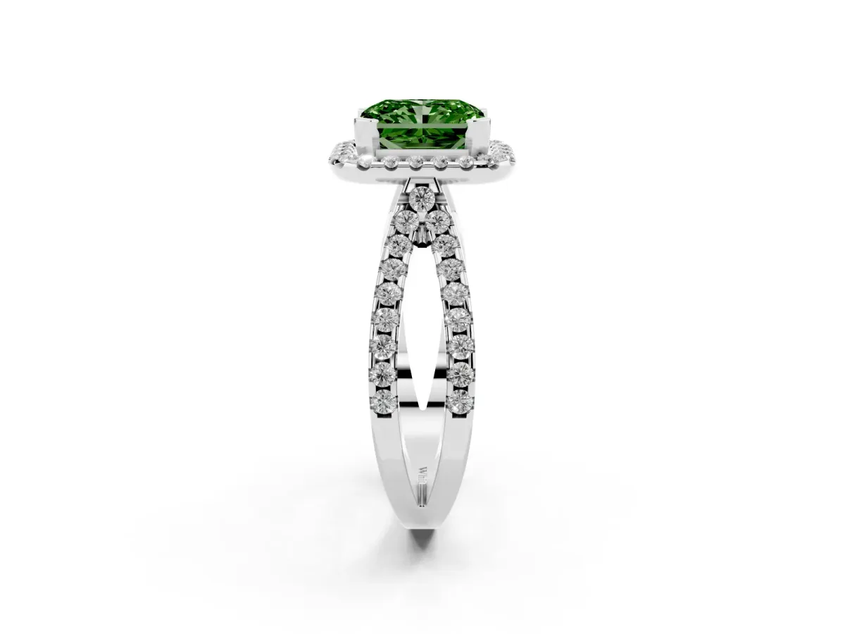 Fancy Green Radiant Cut Diamond Halo Ring with Split Shank Pavé Band and Prong Setting Silver