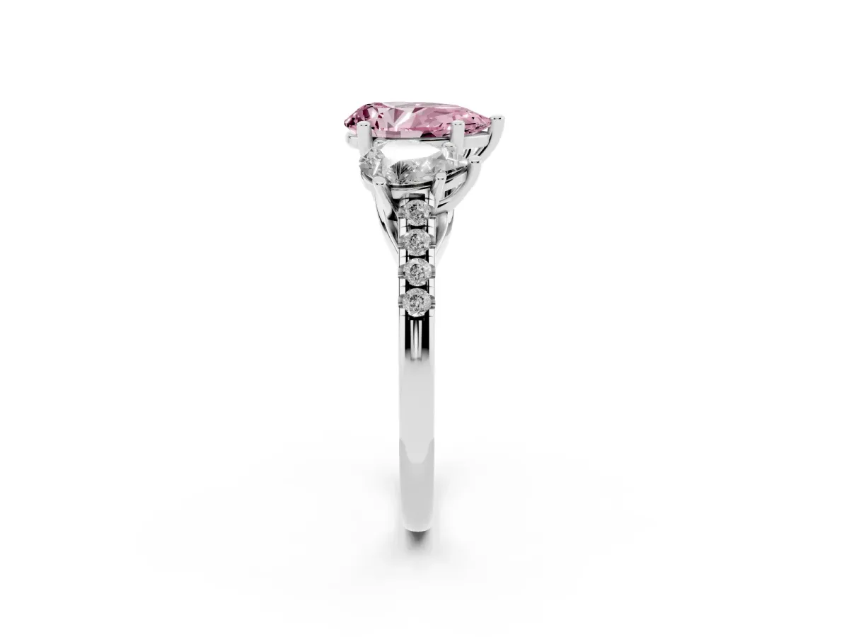 Fancy Pink Three-Stone Pear Cut Diamond Ring with Round Pavé Band and Prong Setting Silver