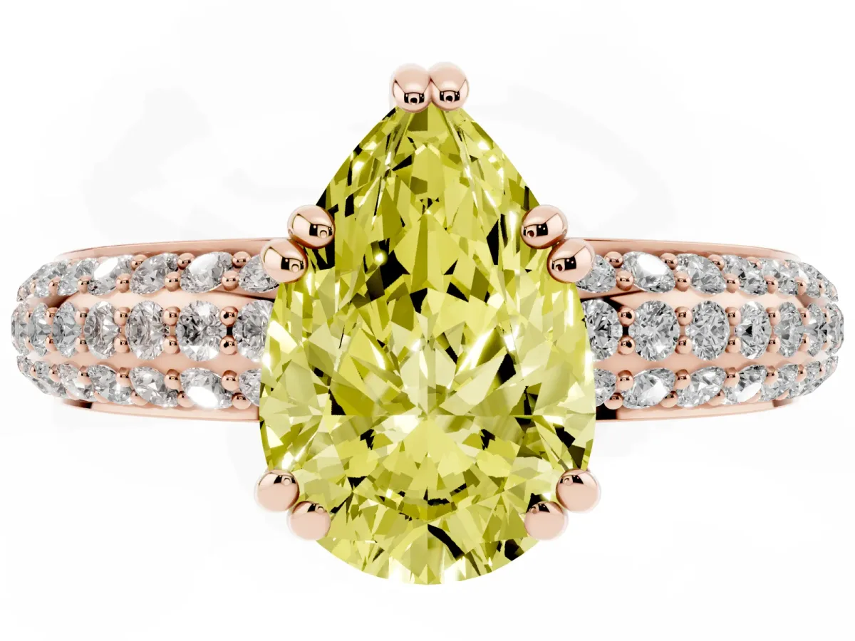 Fancy Yellow Pear Cut Diamond Solitaire Ring with Multi-Row Round Pavé Band and Prong Setting Rose gold