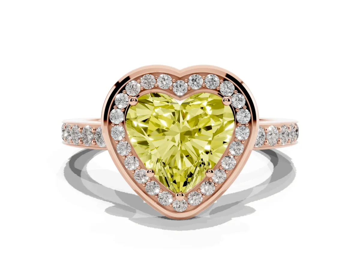 Fancy Yellow Heart Cut Diamond Halo Ring with Bezel Frame and Pavé Band Rose gold
