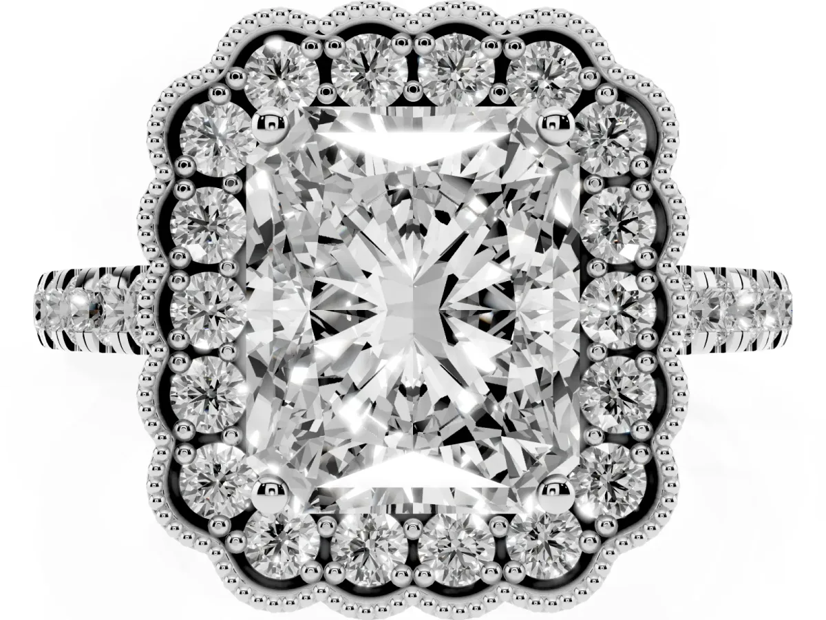 Radiant Cut Cut Diamond Milgrain Floral Halo Engagement Ring with Pavé Band Silver
