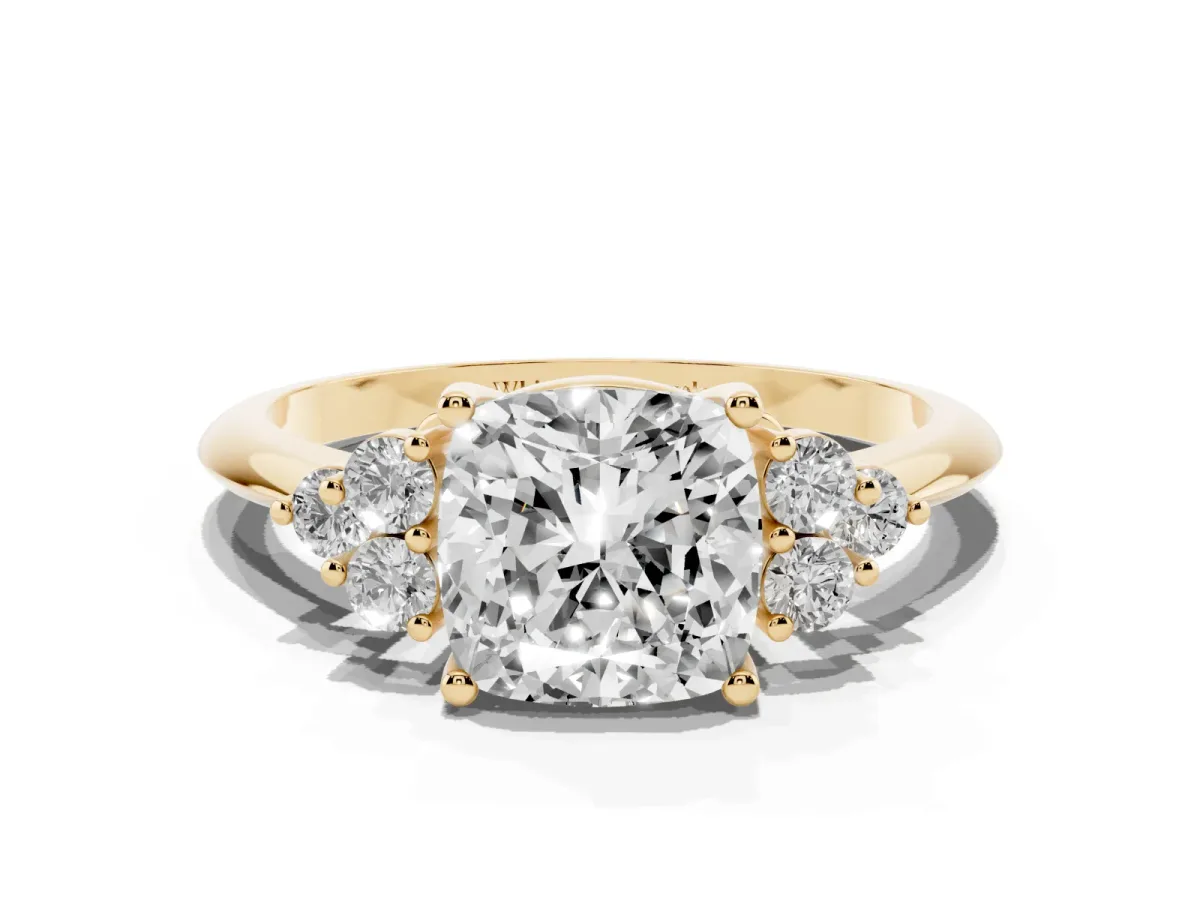 Cushion Cut Cut Diamond Cluster Ring with Solitaire Band and Four-Prong Setting Yellow gold