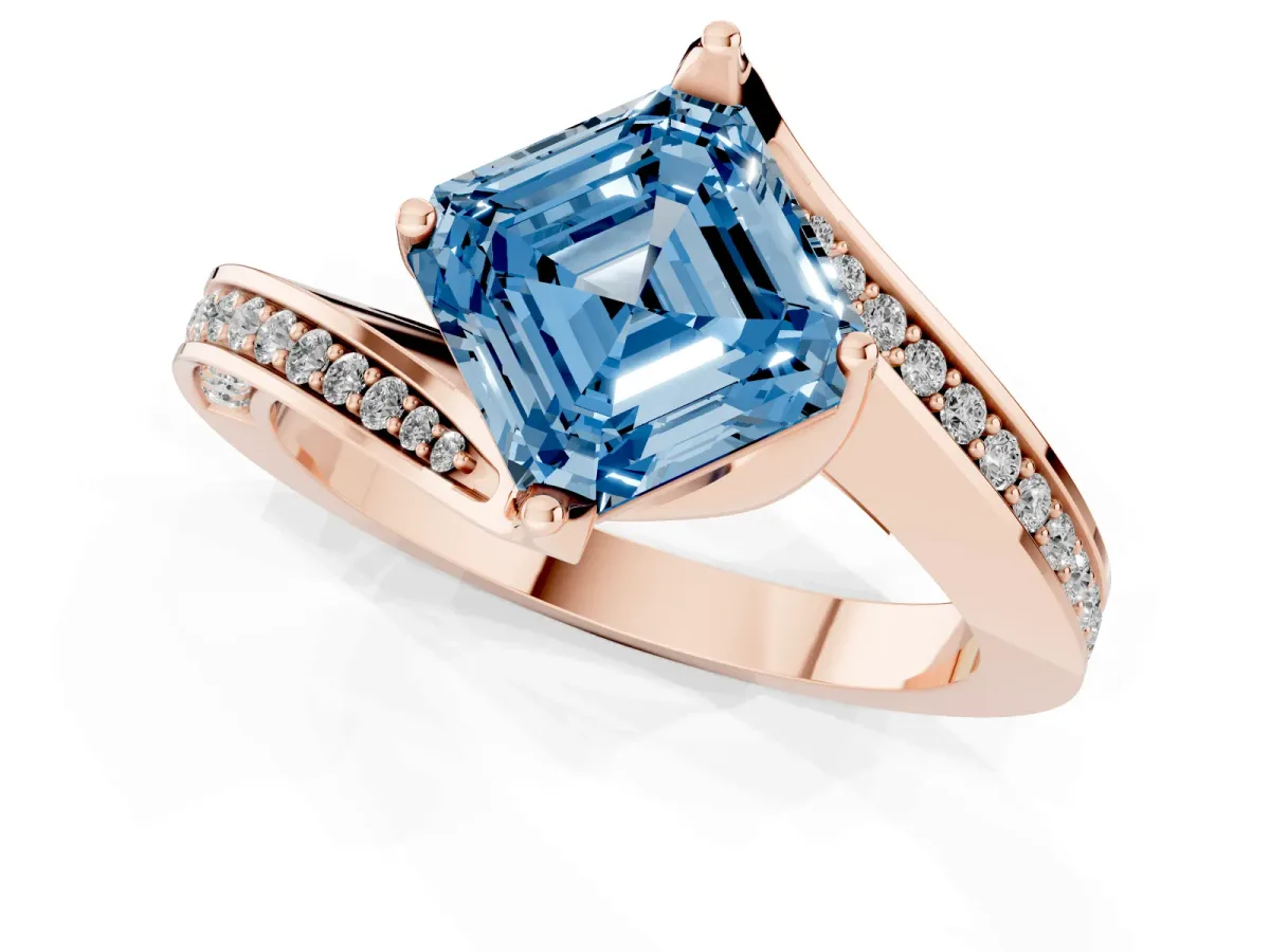 Fancy Blue Asscher Cut Solitaire Diamond Twist Band with Pavé Setting and Four-Prong Setting Rose gold