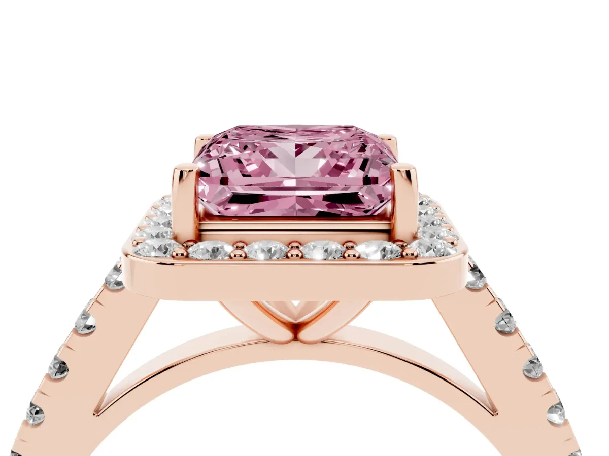 Fancy Pink Princess Cut Diamond Halo Ring with Round Pavé Split Shank and Prong Setting Rose gold