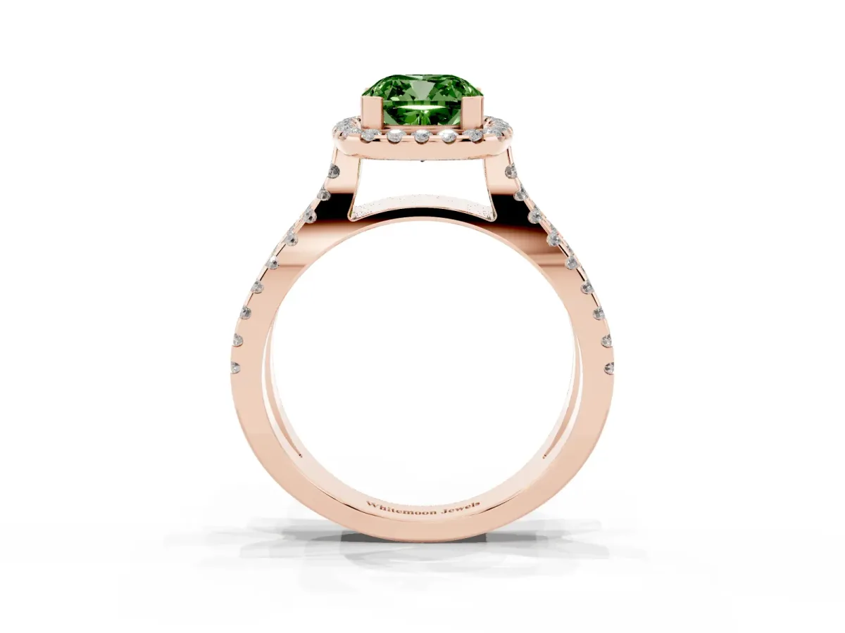 Fancy Green Cushion Cut Diamond Halo Ring with Split Shank Pavé Band and Prong Setting Rose gold
