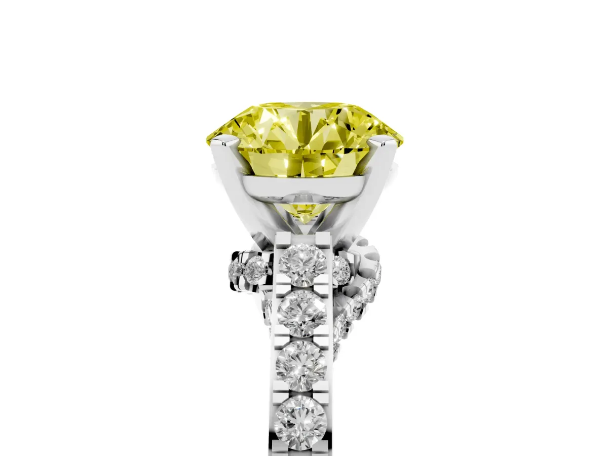 Fancy Yellow Round Cut Diamond Solitaire Ring with Crossover Gallery and Round Pavé Band Silver