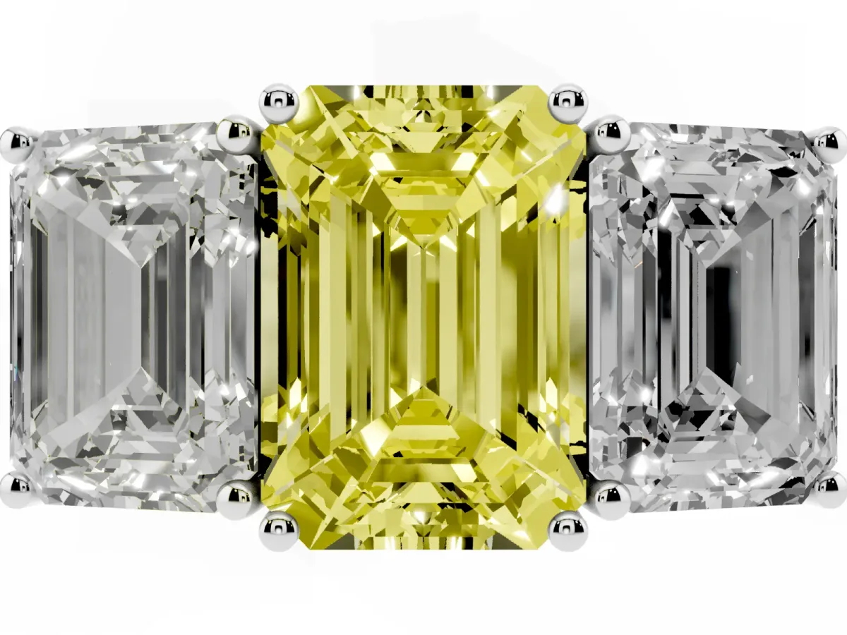Fancy Yellow Emerald Cut Diamond Three-Stone Ring with Prong Setting and Textured Band Silver