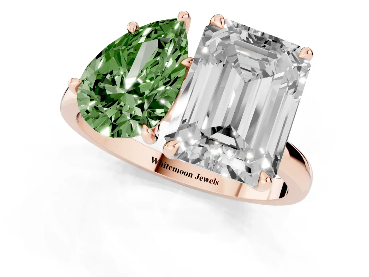 Fancy Green Pear Cut and Emerald Cut Toi Moi Ring with Prong Setting Rose gold
