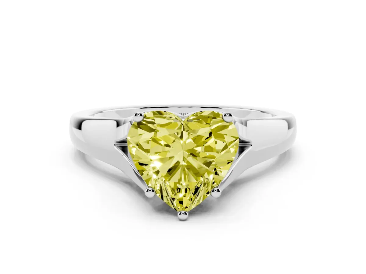Fancy Yellow Heart Cut Solitaire Diamond Ring with Cathedral Band and Four-Prong Setting Silver