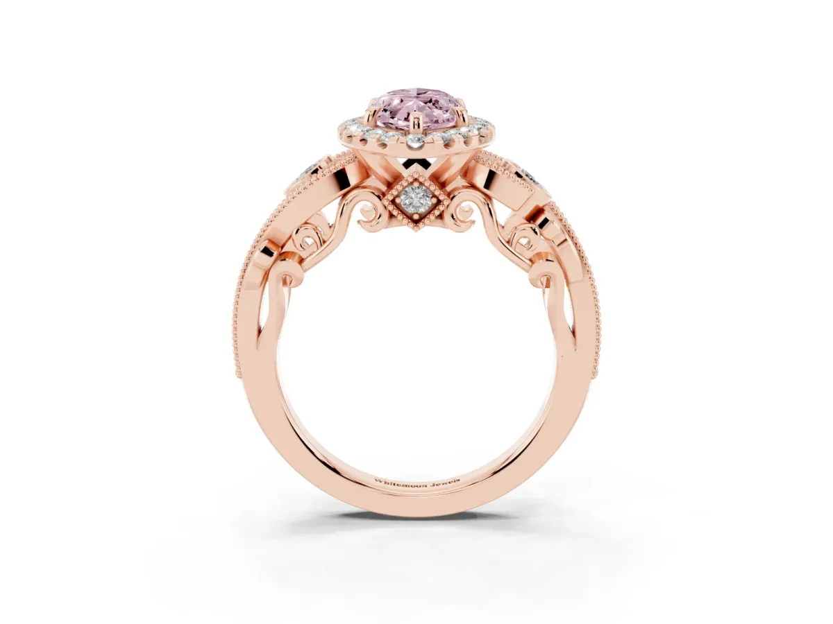 Fancy Pink Marquise Cut Diamond Halo Ring with Milgrain Pavé Band and Four-Prong Setting Rose gold