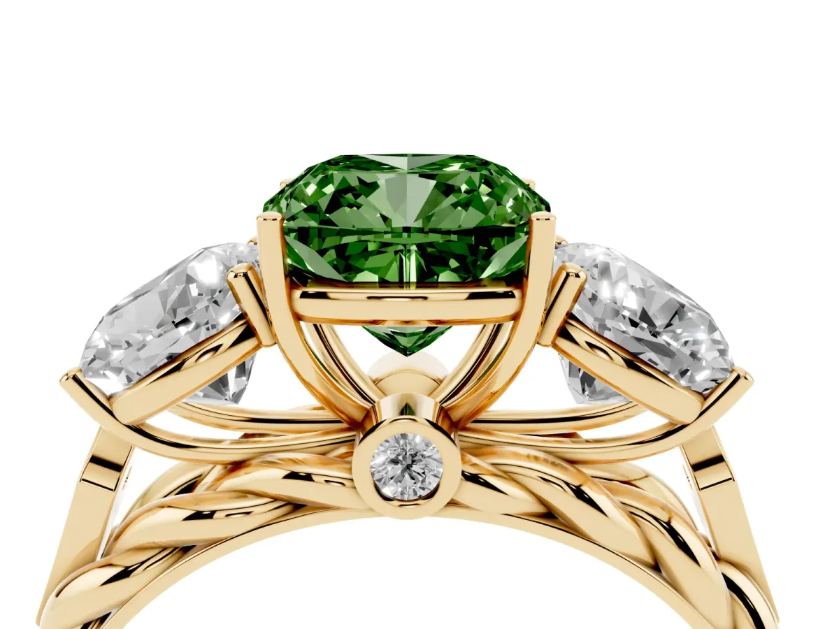 Fancy Green Three-Stone Cushion Cut Diamond Braided Band Ring with Four-Prong Setting Yellow gold