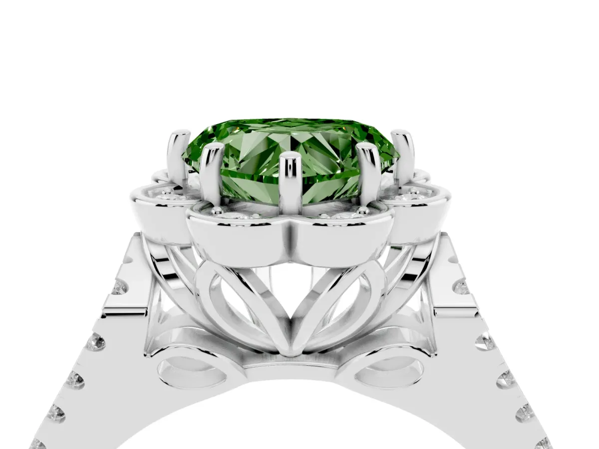 Fancy Green Heart Cut Halo Diamond Floral Split Shank Engagement Ring Silver
