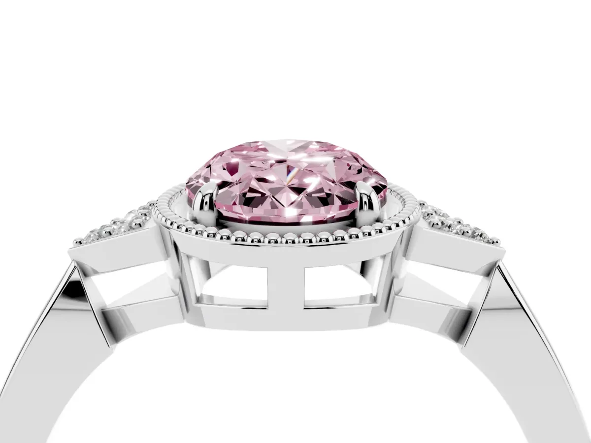 Fancy Pink Hexagonal Halo Oval Cut Diamond Solitaire with Pavé Band and Four-Prong Setting Platinum