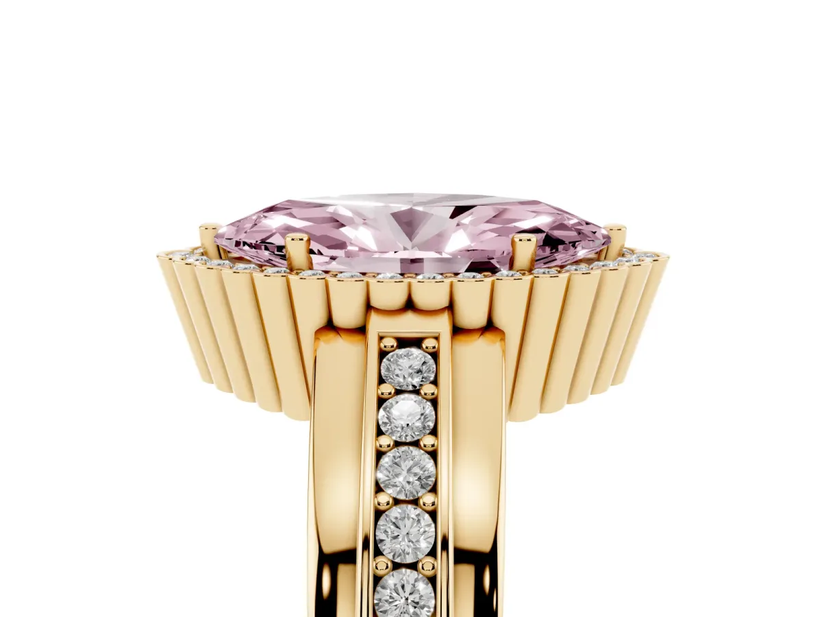 Fancy Pink Marquise Cut Cut Halo Pave Band Four-Prong Ring Yellow gold