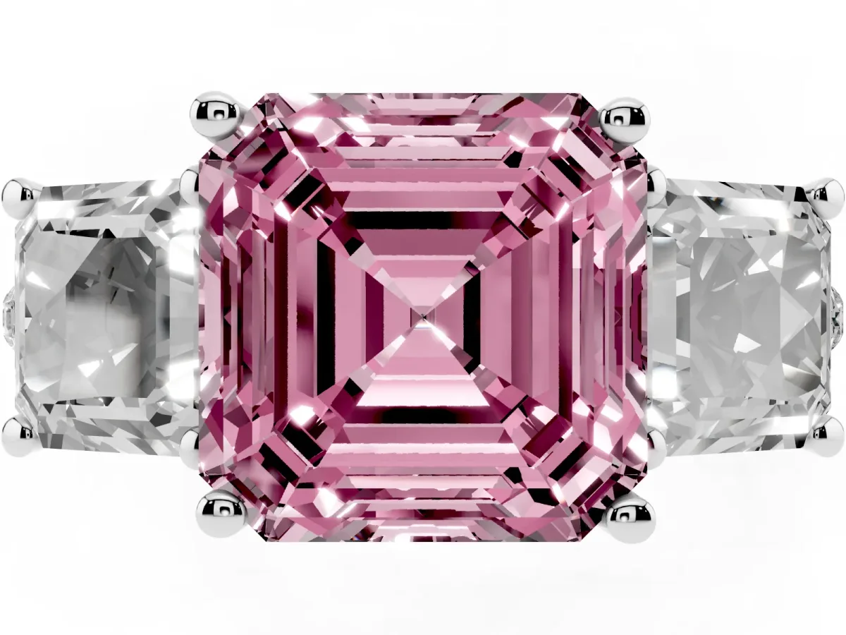 Fancy Pink Three-Stone Asscher Cut Diamond Ring with Round Pavé Band and Prong Setting Silver