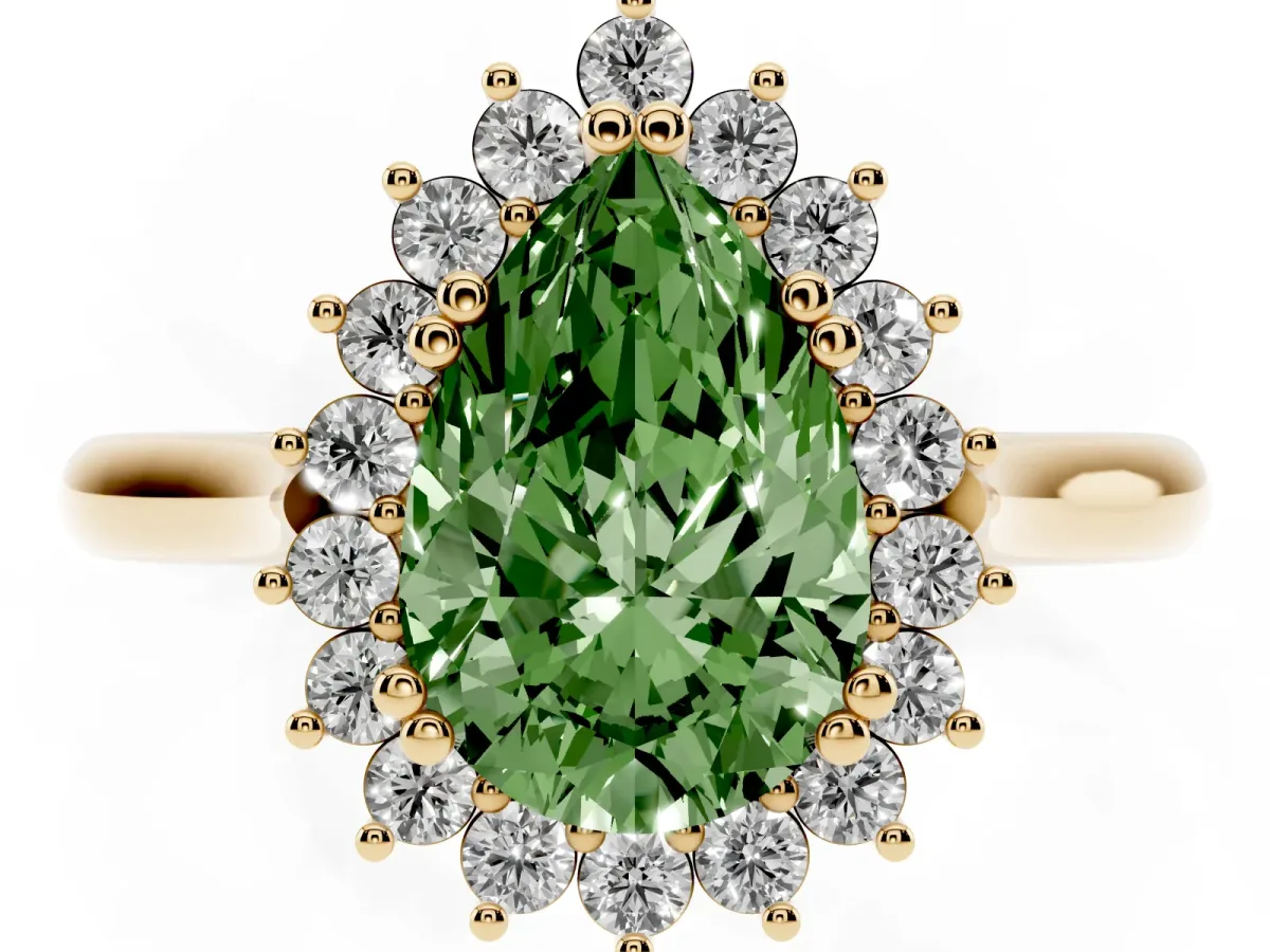 Fancy Green Pear Cut Cut Diamond Halo Ring with Solitaire Band and Prong Setting Yellow gold