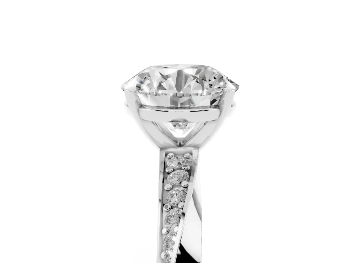 Round Cut Diamond Engagement Ring with Side Stone Accents and Four-Prong Setting Silver