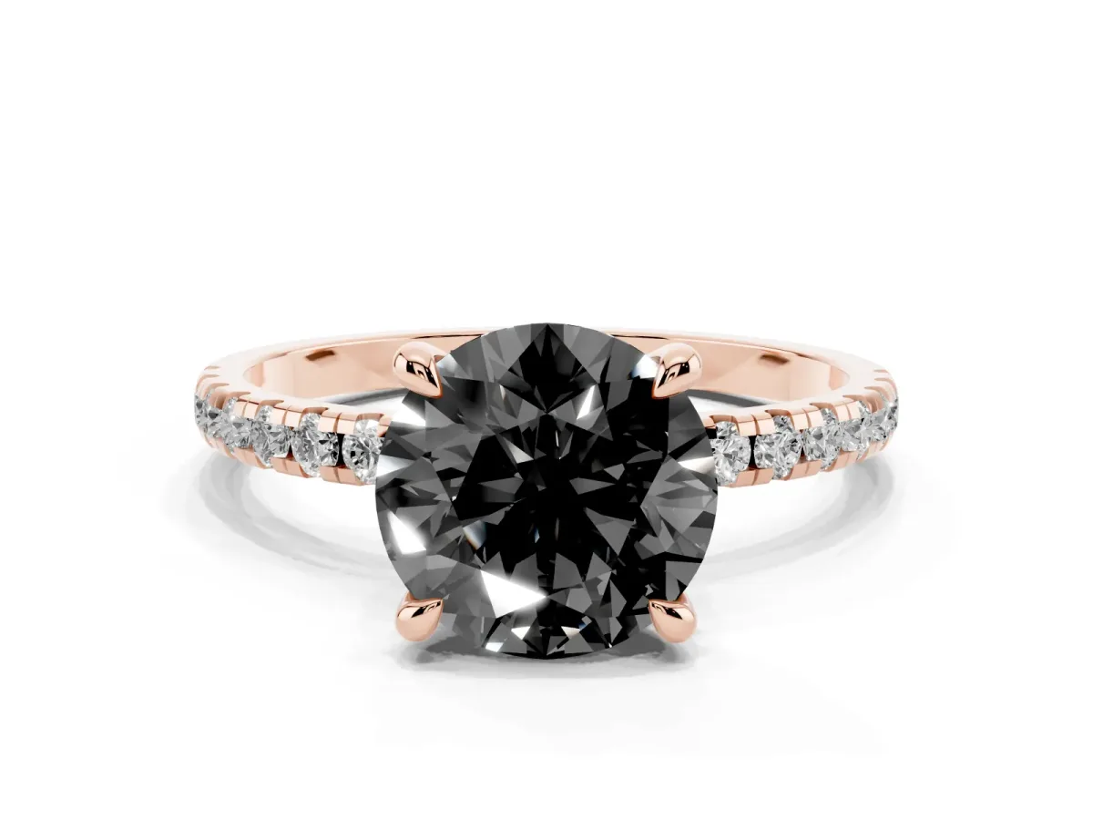 Fancy Black Round Cut Diamond Brilliant Solitaire Ring with Pavé Band and Four-Prong Setting Rose gold