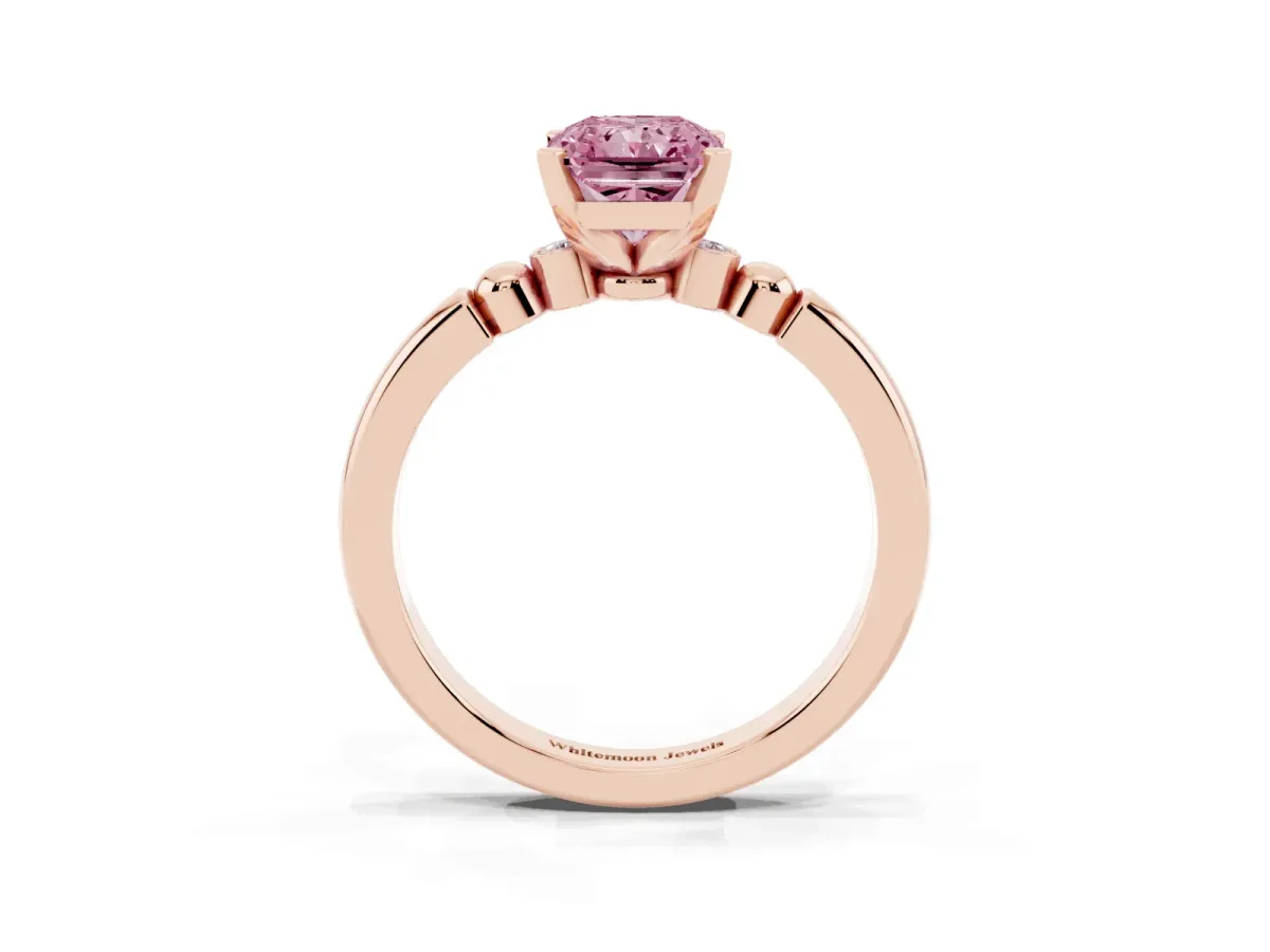 Fancy Pink Radiant Cut Solitaire Beaded Band with Four-Prong Setting Rose gold