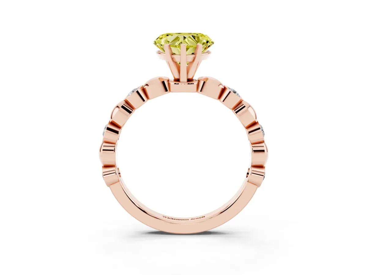 Fancy Yellow Heart Cut Solitaire Bezel-Set Diamond Ring with Beaded Band and Four-Prong Setting Rose gold