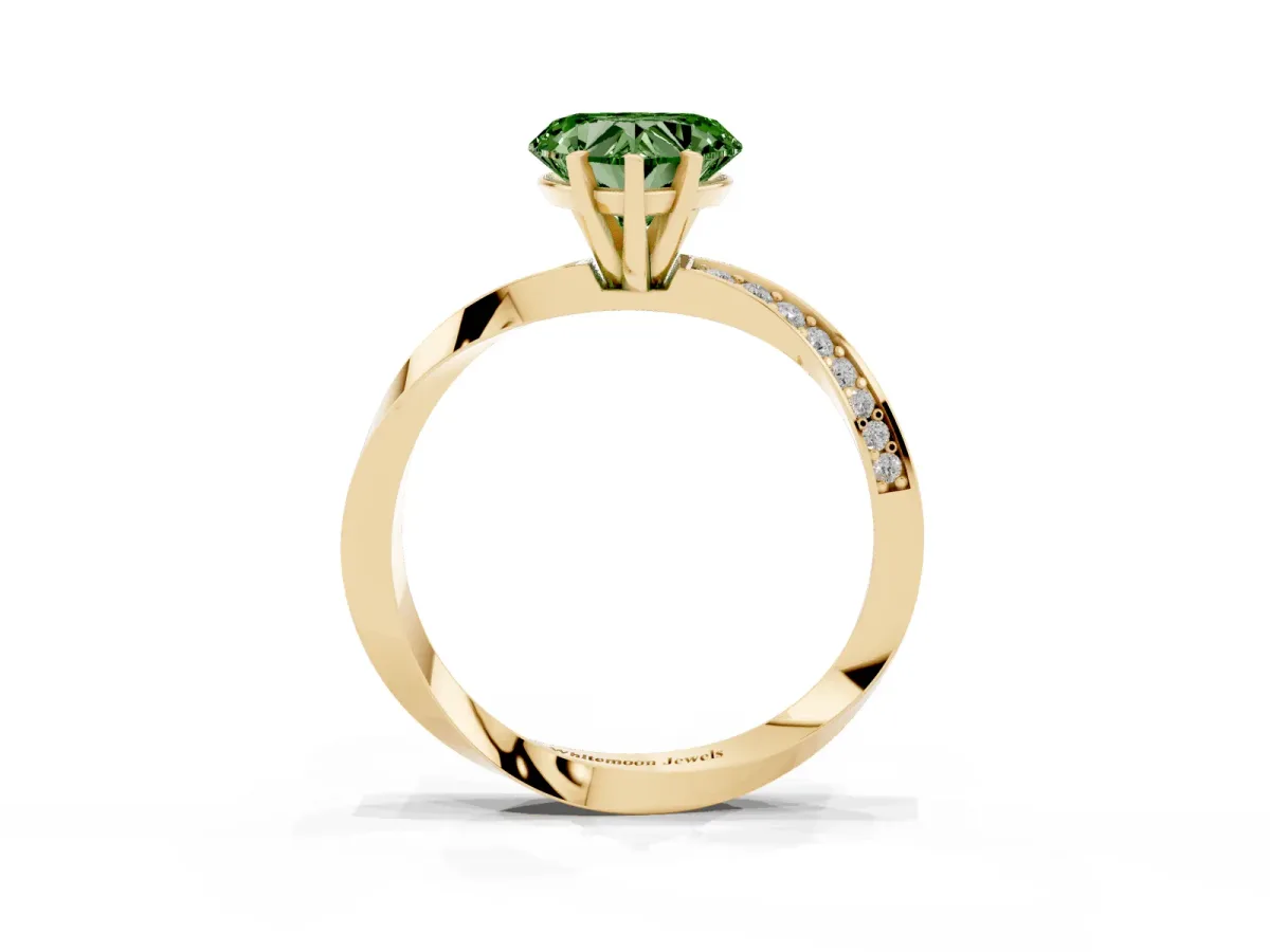 Fancy Green Heart Cut Diamond Engagement Ring with Side Stone Accents and Four-Prong Setting Yellow gold