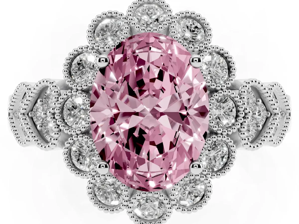 Fancy Pink Oval Cut Brilliant Milgrain Pave Heart Band Solitaire Ring Platinum