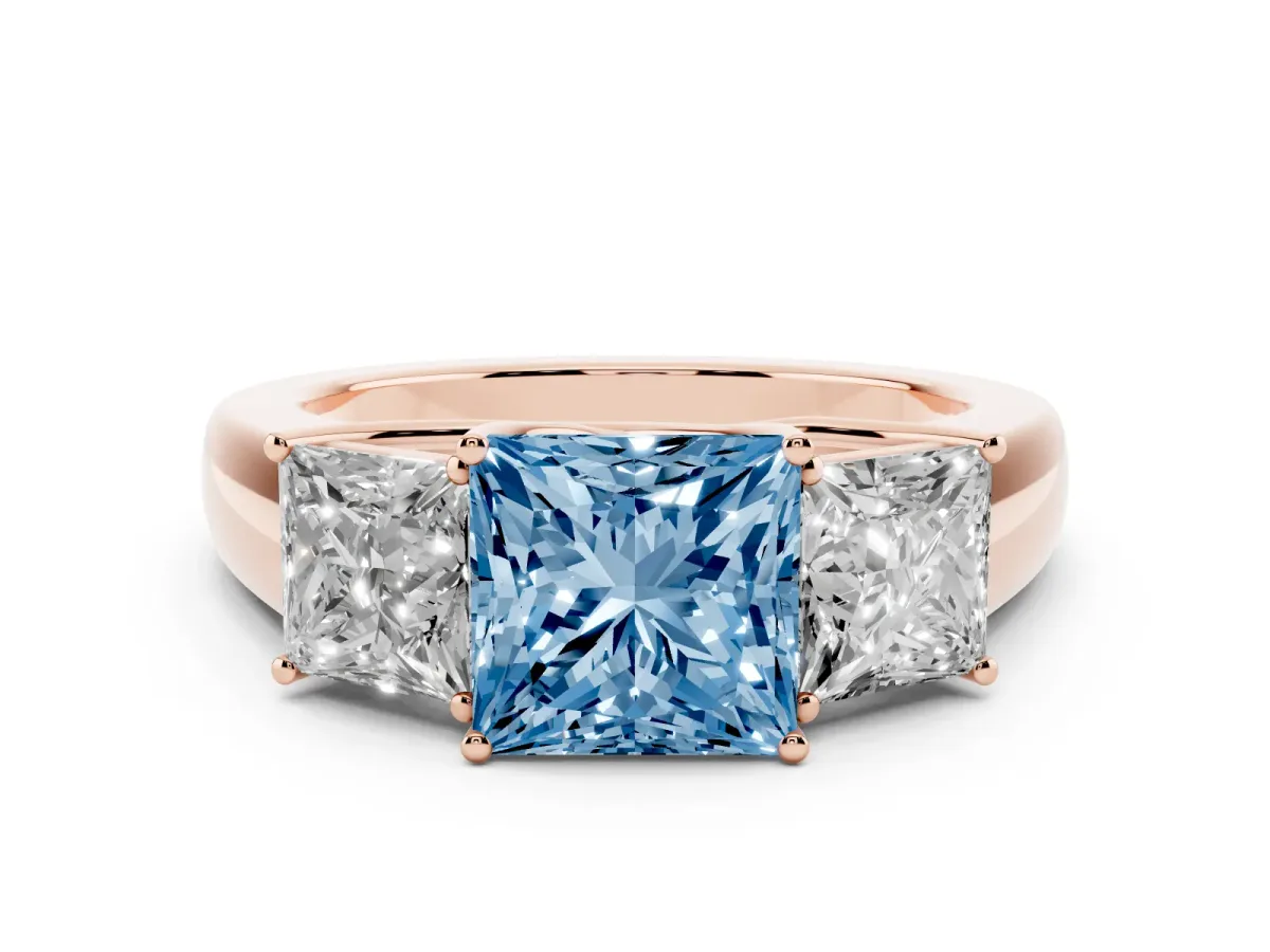 Fancy Blue Three-Stone Princess Cut Cut Diamond Ring with Prong Setting and Classic Band Rose gold