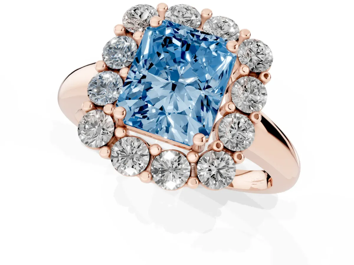 Fancy Blue Radiant Cut Halo Cluster Diamond Engagement Ring with Prong Setting and Polished Band Rose gold