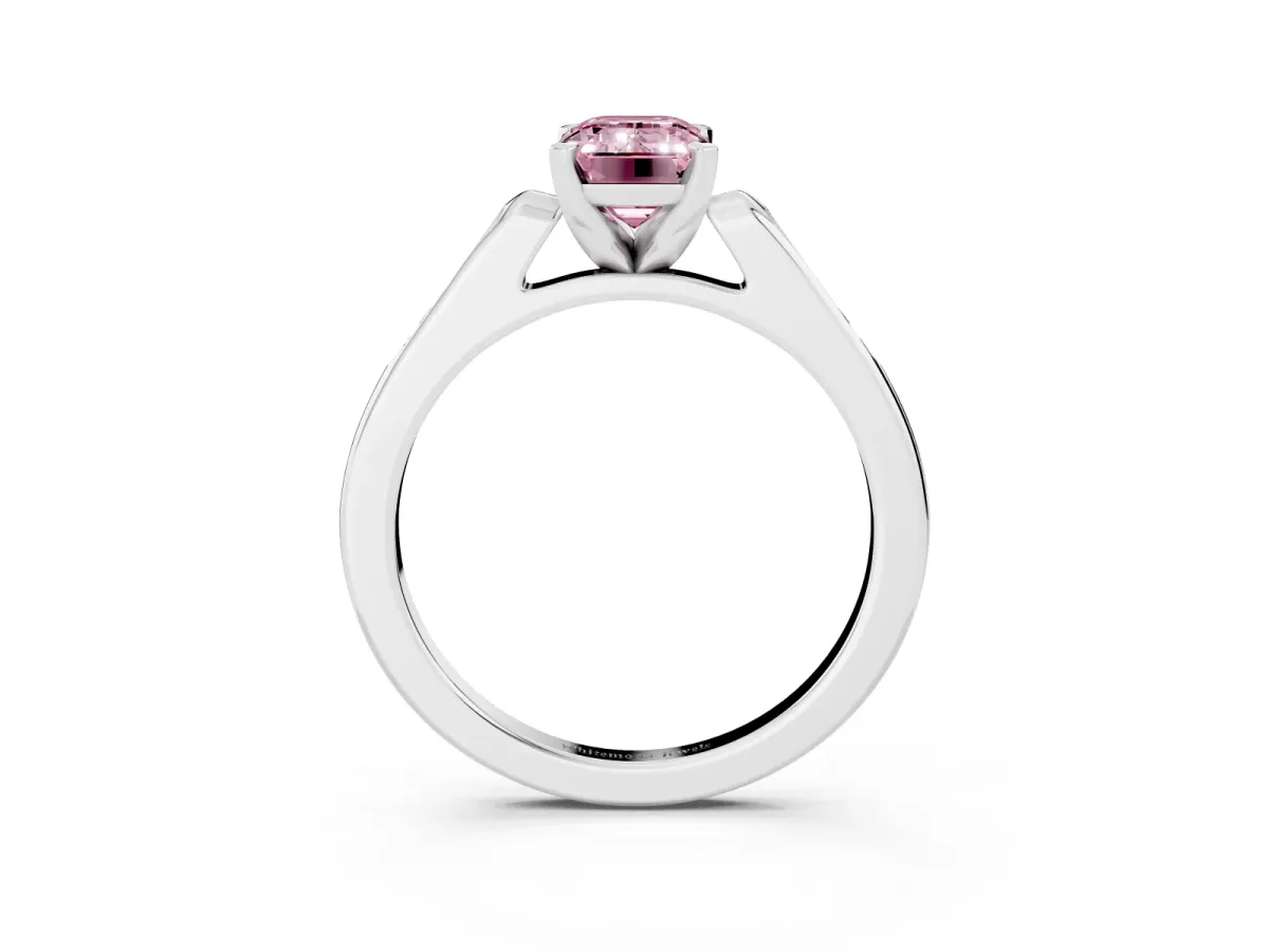 Fancy Pink Emerald Cut Diamond Solitaire Ring with Channel Set Round Band and Prong Setting Silver