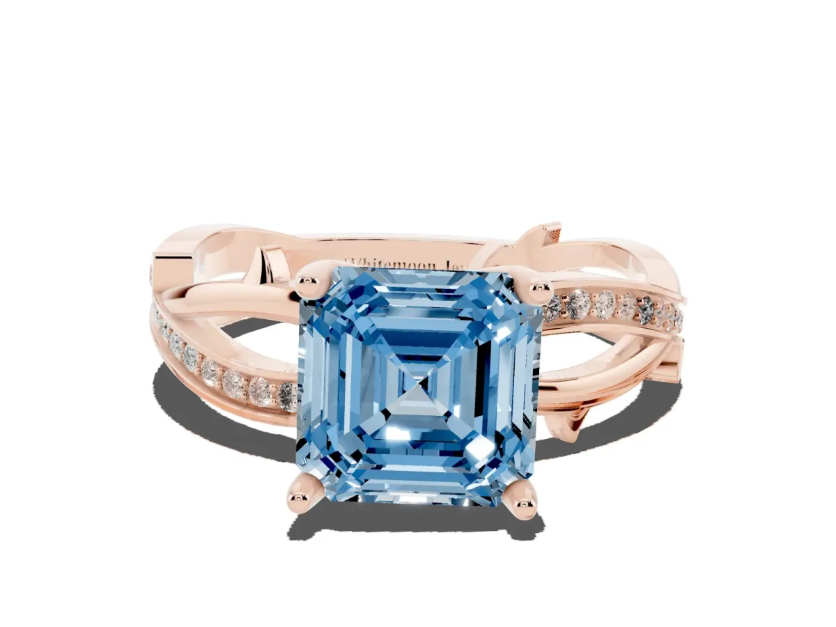 Fancy Blue Asscher Cut Solitaire Twist Band with Pavé Accents and Four-Prong Setting Rose gold