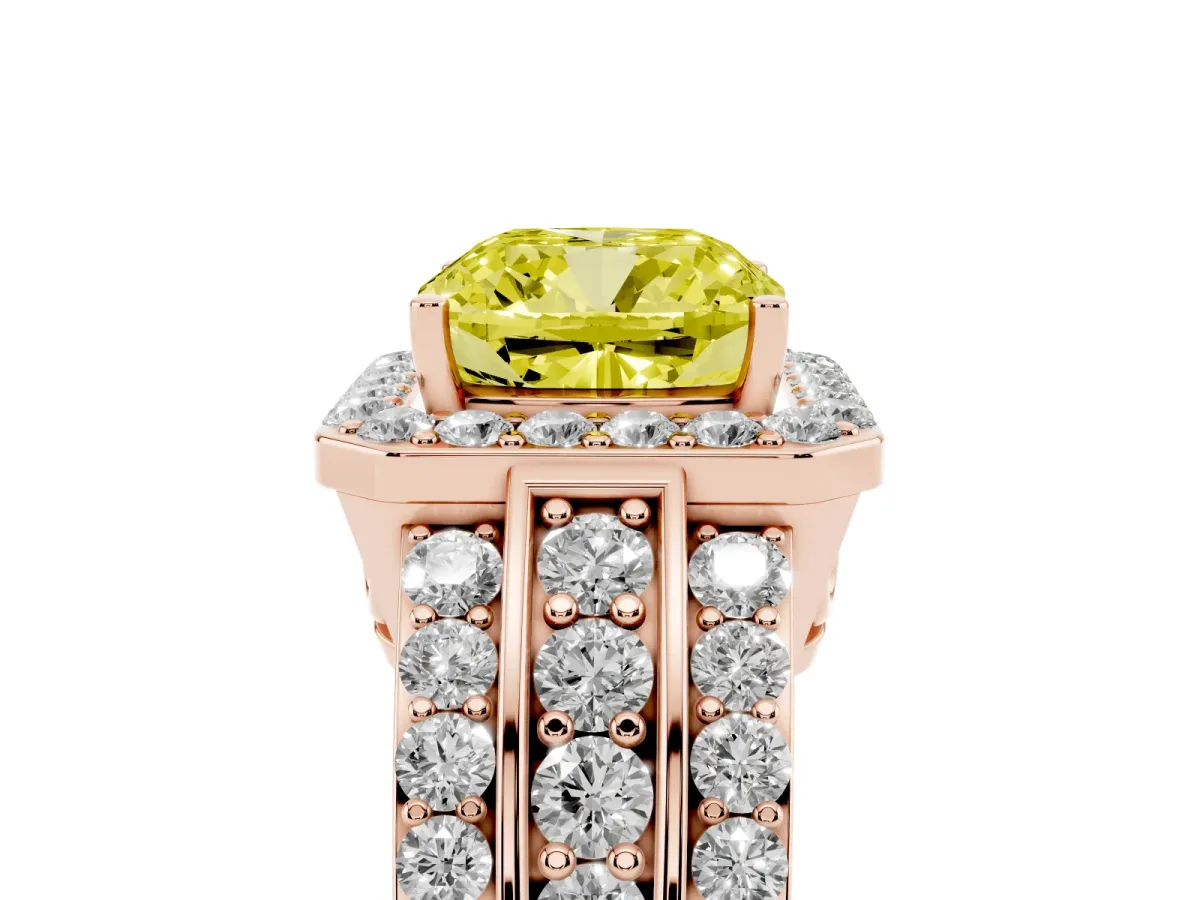 Fancy Yellow Cushion Cut Halo Diamond Ring with Round Split Shank and Prong Setting Rose gold