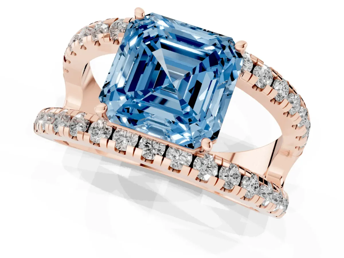 Fancy Blue Asscher Cut Solitaire Split Shank Pave Diamond Ring Rose gold