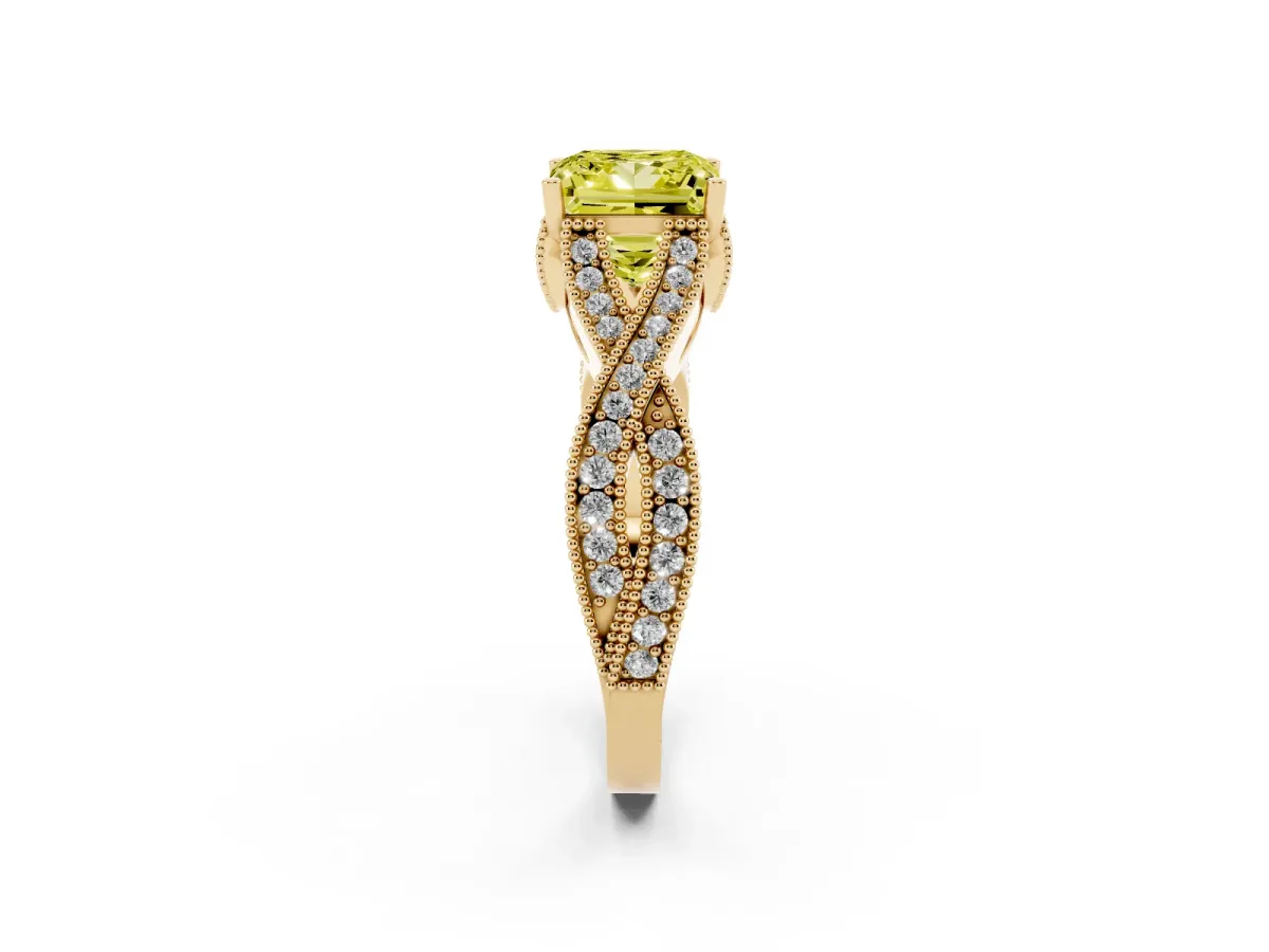 Fancy Yellow Princess Cut Cut Diamond Twisted Band with Milgrain Pave Setting and Four-Prong Setting Yellow gold